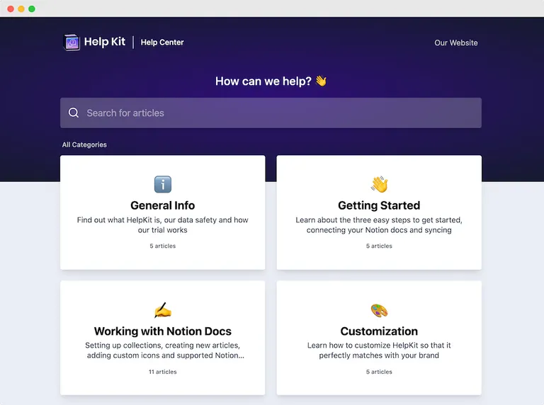 HelpKit Help Center Layout powered by Notion