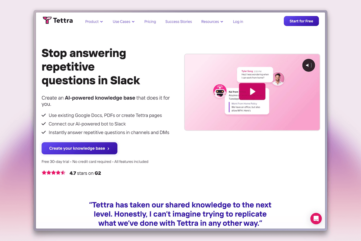 Tettra internal knowledge base with Slack integration